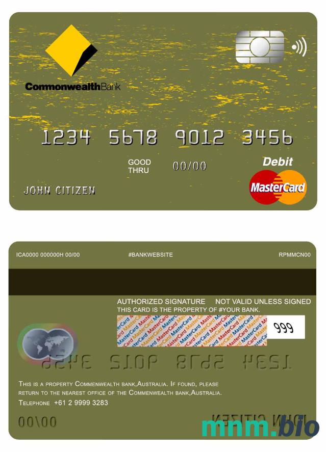 Australia Commonwealth bank przykład karty mastercard w formacie PSD